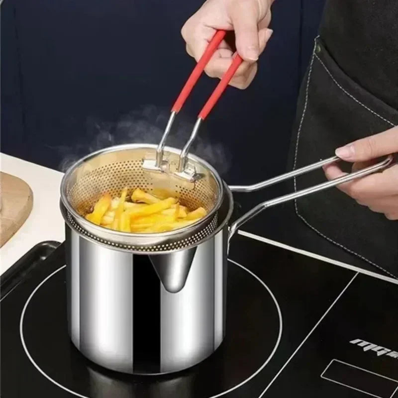 Stainless Steel Fryer with French Fries and Chicken Wings Household Small Oil Pot with Filter Screen Tianfu Luo Pot Cooking Tool